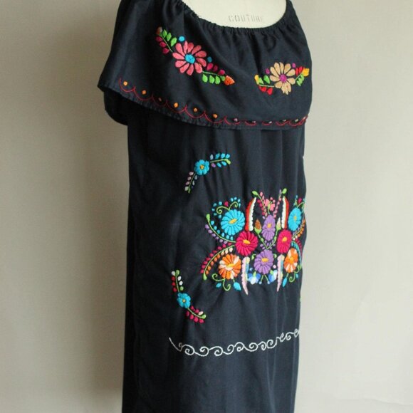 Vintage 1980s 1990s Dress, Volup Navy Blue Mexican Oaxaca Embroidered Floral - Picture 5 of 9